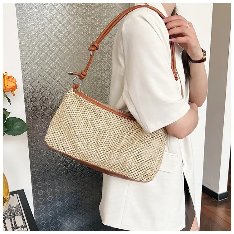 Retro Straw Tote Bag with Black Leather Strap — feature 11