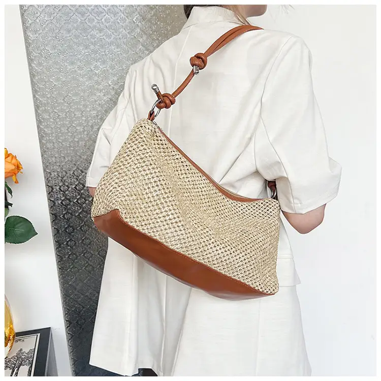 Retro Straw Tote Bag with Black Leather Strap — feature 12