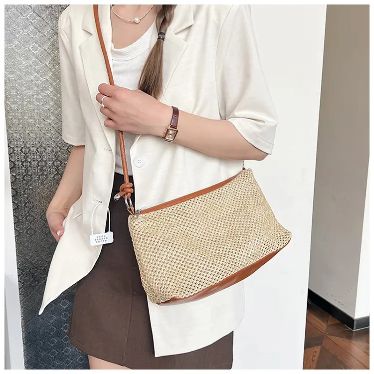 Retro Straw Tote Bag with Black Leather Strap — feature 15