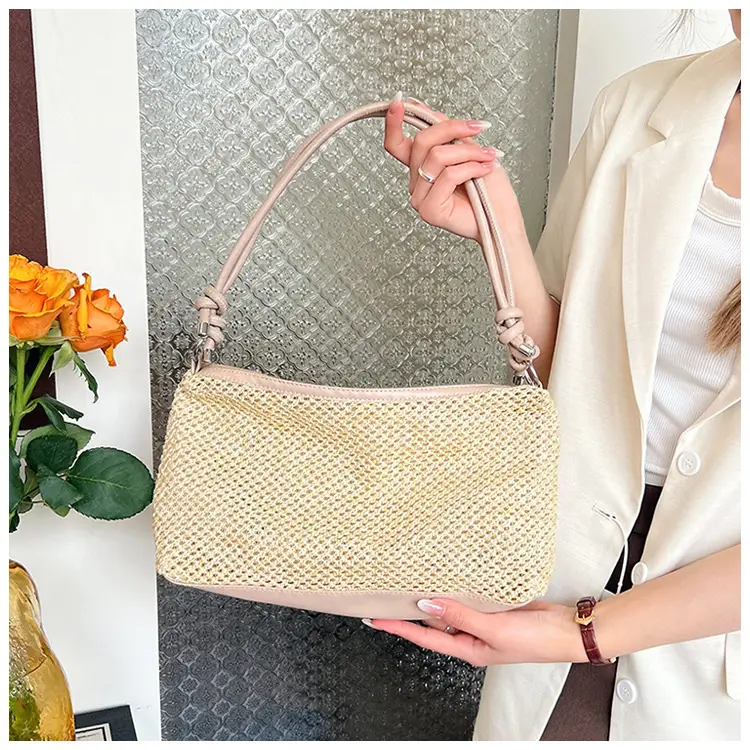 Retro Straw Tote Bag with Black Leather Strap — feature 17
