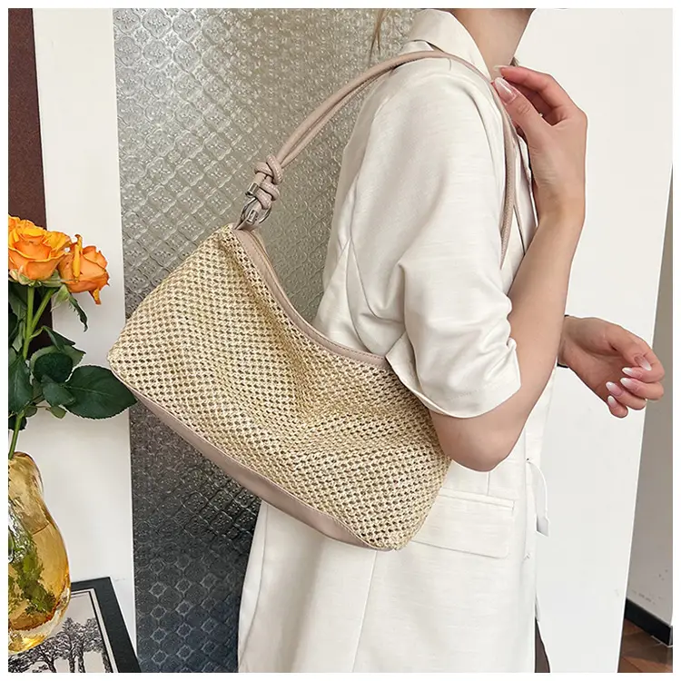 Retro Straw Tote Bag with Black Leather Strap — feature 19
