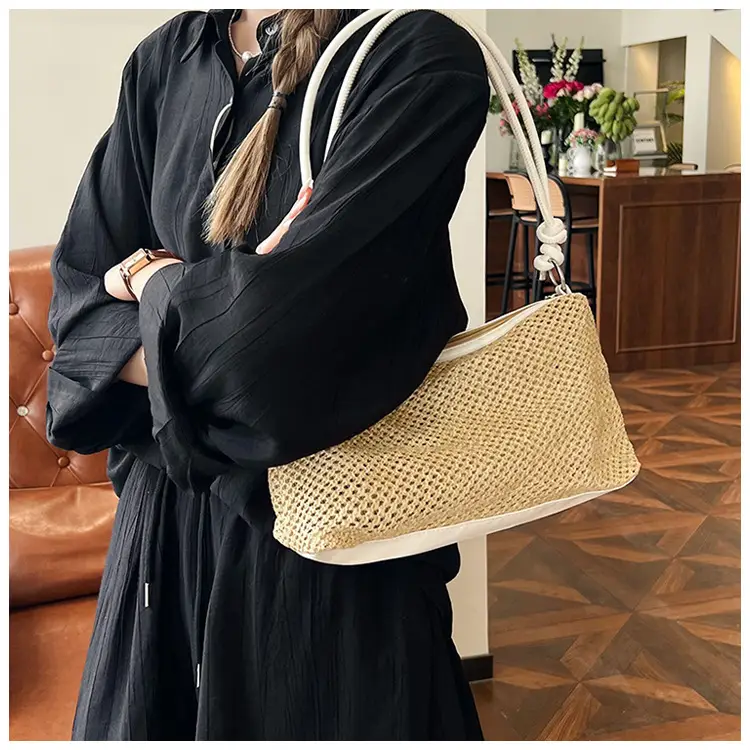 Retro Straw Tote Bag with Black Leather Strap — feature 24