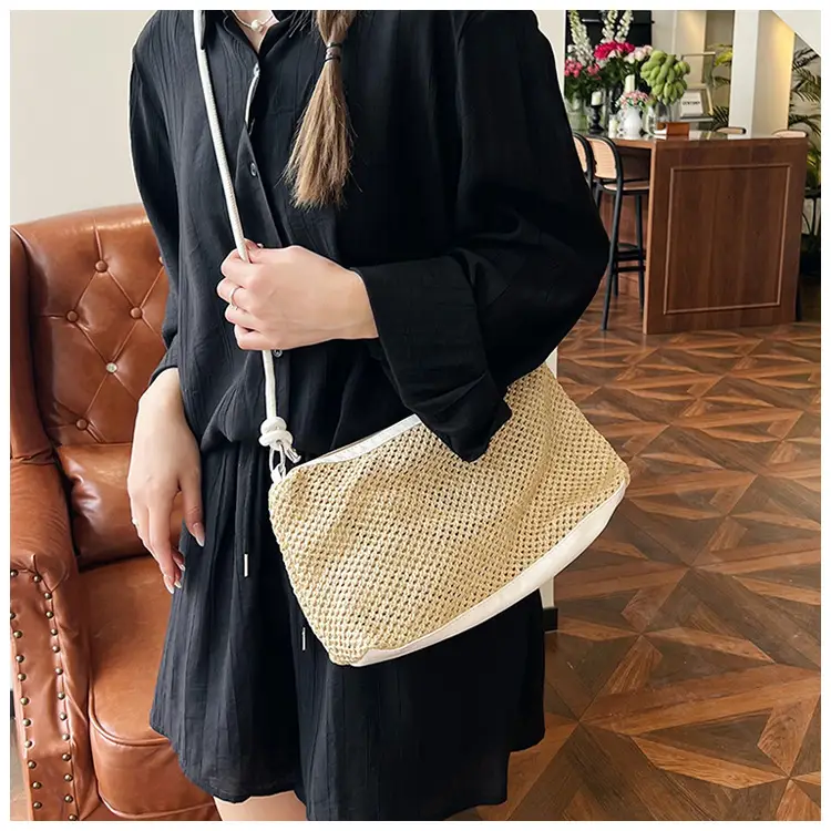 Retro Straw Tote Bag with Black Leather Strap — feature 26