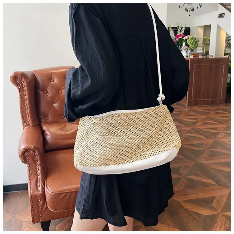 Retro Straw Tote Bag with Black Leather Strap — feature 27