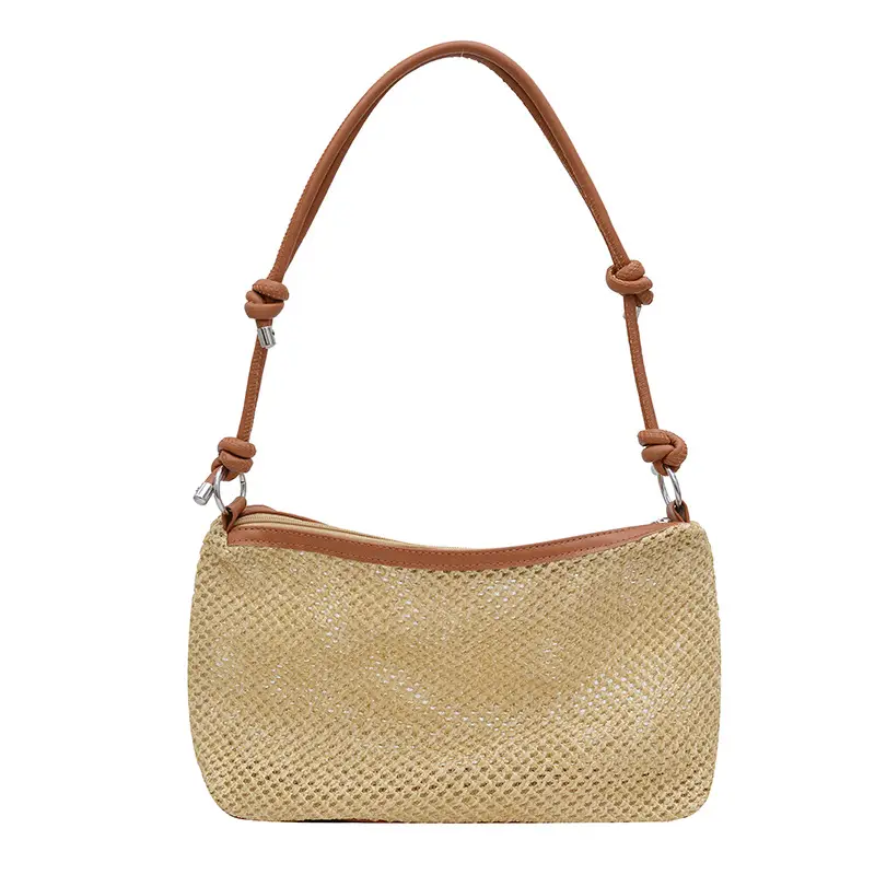 Retro Straw Tote Bag with Black Leather Strap - Image 4