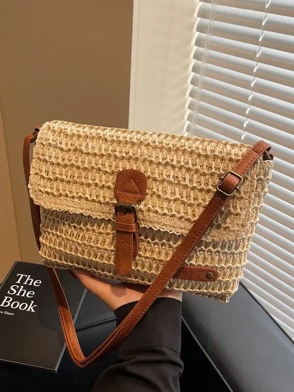Women's Straw Bag with Leather Strap 2025 New Arrival - Image 3