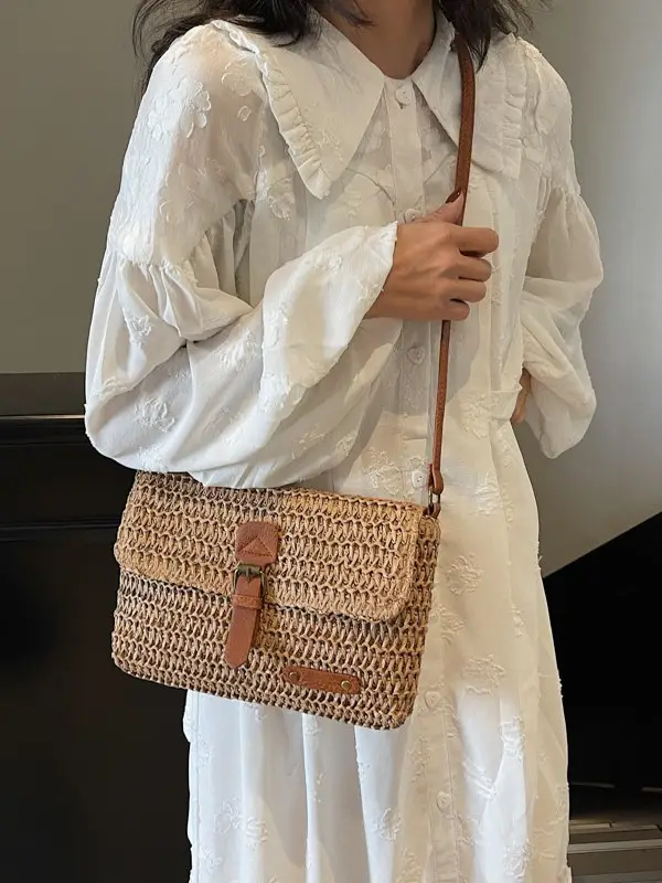Women's Straw Bag with Leather Strap 2025 New Arrival - Image 4