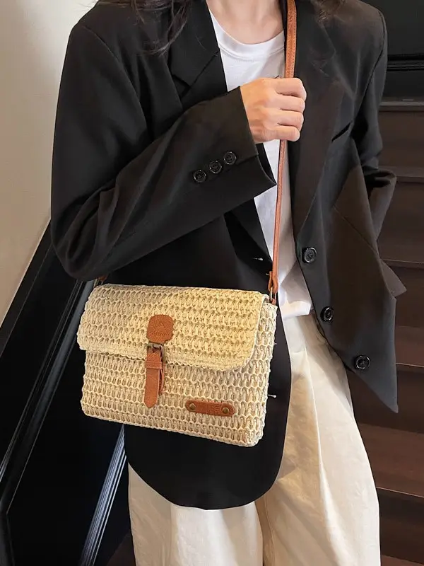 Women's Straw Bag with Leather Strap 2025 New Arrival - Image 5