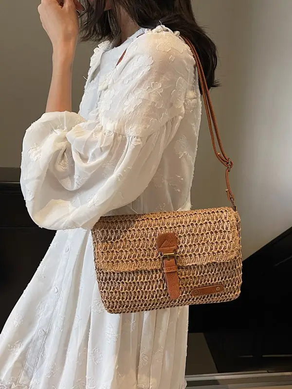 Women's Straw Bag with Leather Strap 2025 New Arrival - Image 6