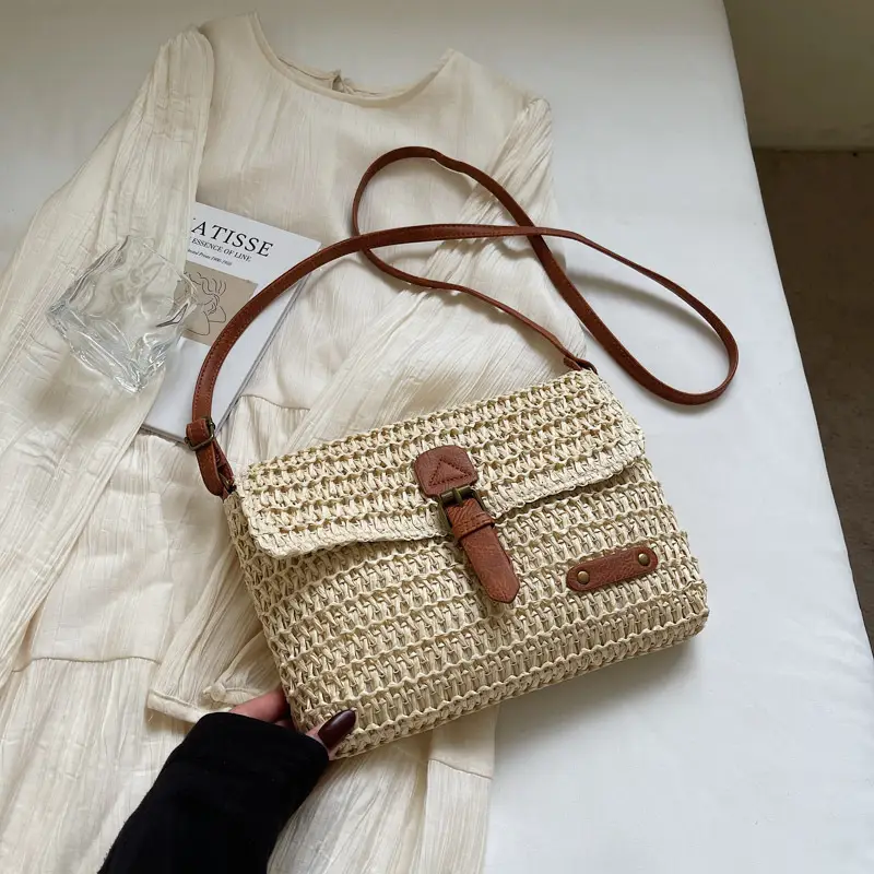 Women's Straw Bag with Leather Strap 2025 New Arrival - Image 2