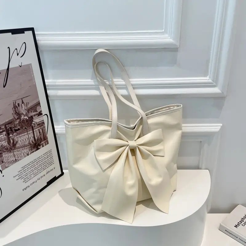 Women's Bow Tote Bag Cream Soft Face Large Capacity - Image 5