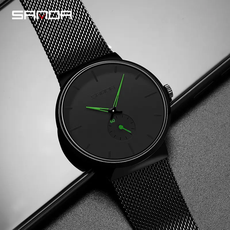 Sanda Men's Black Quartz Watch Semi Waterproof Mesh Band
