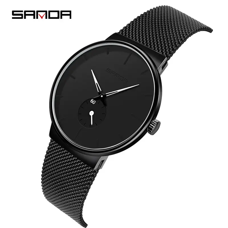 Sanda Men's Black Quartz Watch Semi Waterproof Mesh Band