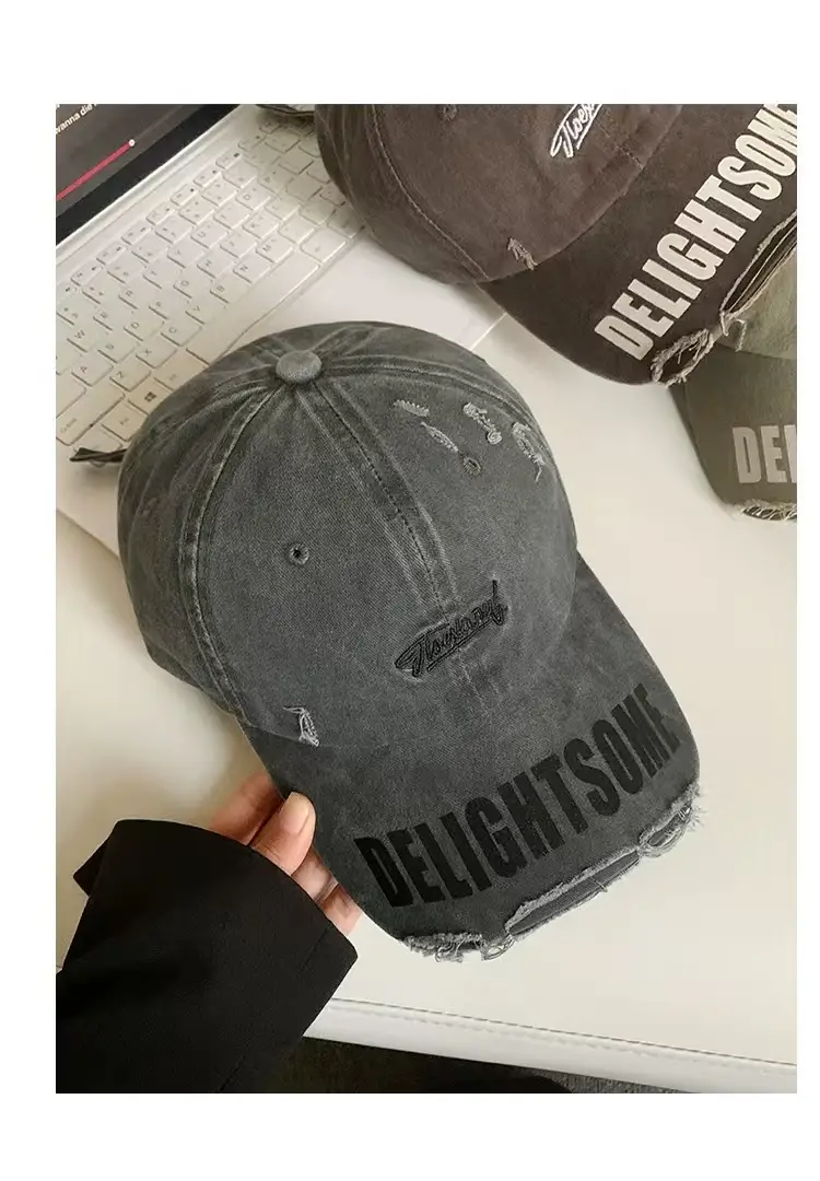 Vintage Washed Hole Cap with "Delicious Song" Letter Embroidery — feature 16