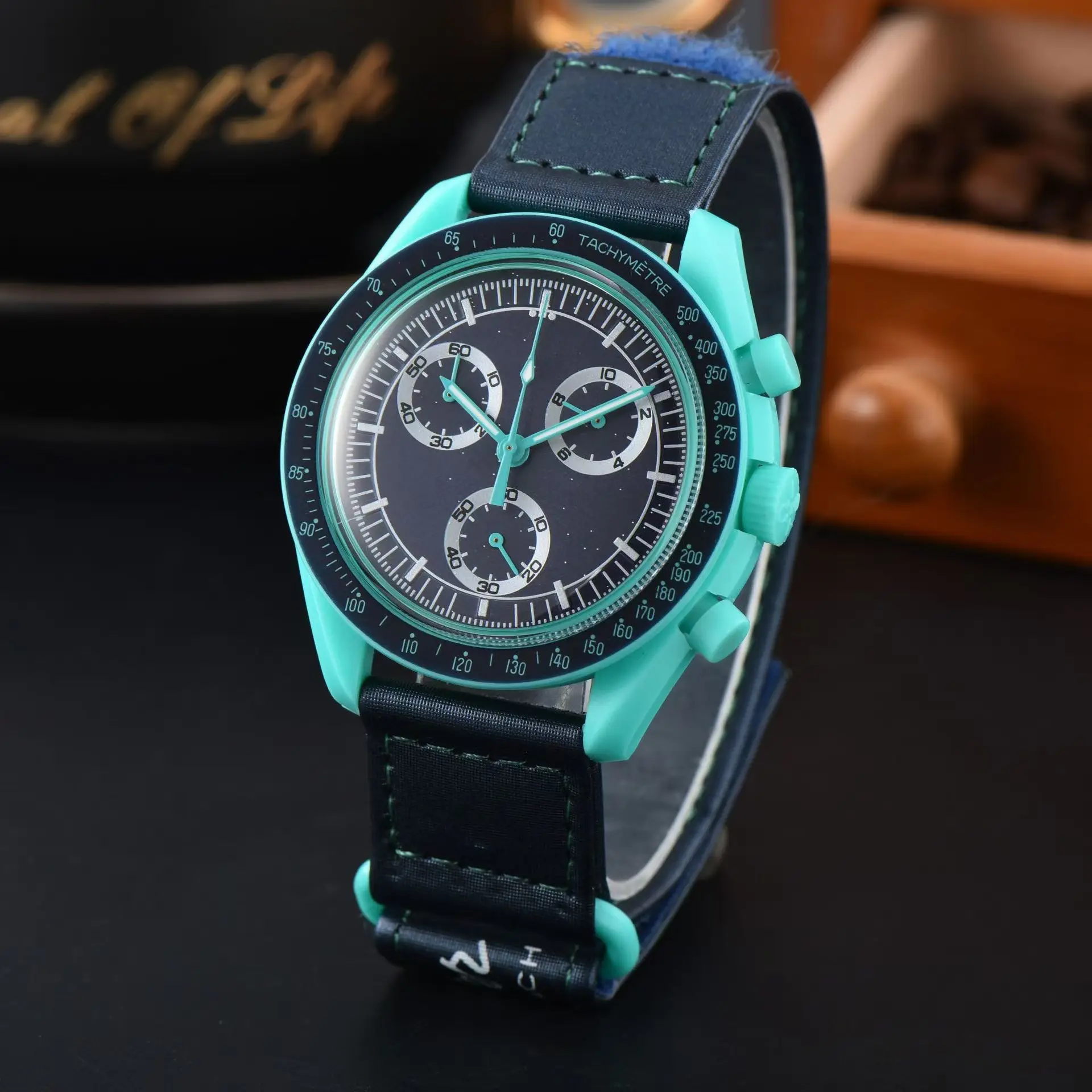 European Quartz Watch with Red Dial and Green Strap - Image 2