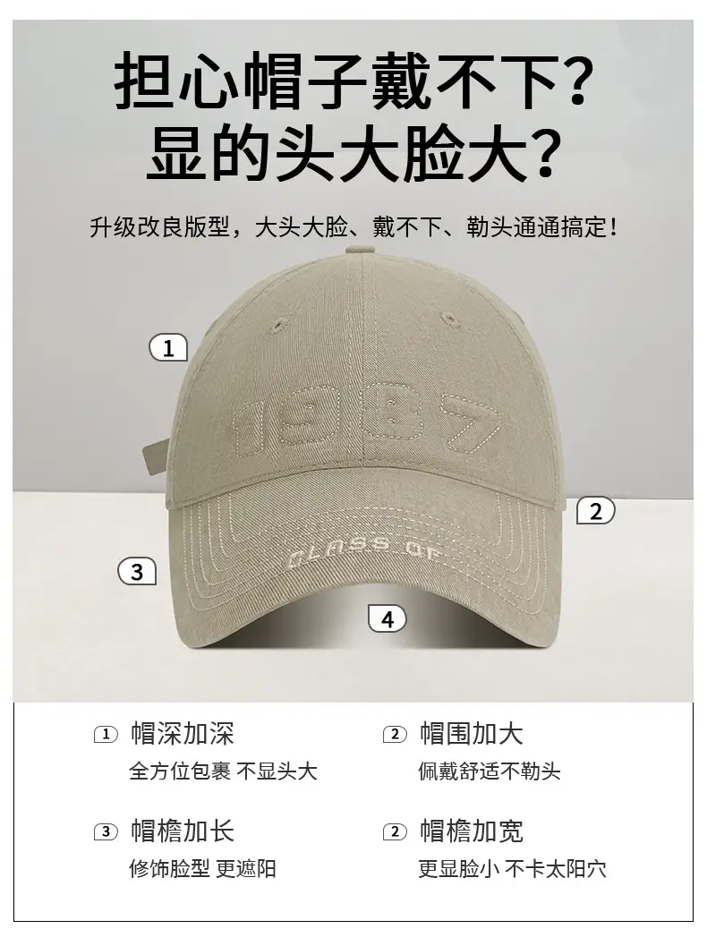American Washed Baseball Cap Letter Wide Brim Big Head Cap — feature 14