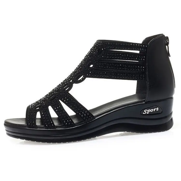 2025 New Sandals Women's Summer Wedge Heel Roman Mother Rhinestone Fish Mouth Middle Heel Women's Soft Bottom Open Toe Middle-aged Sandals
