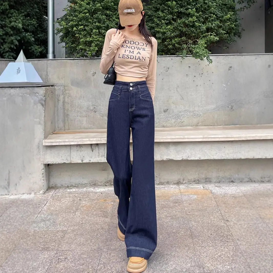 Dark Blue Stretch Wide Leg Jeans for Women 2025
