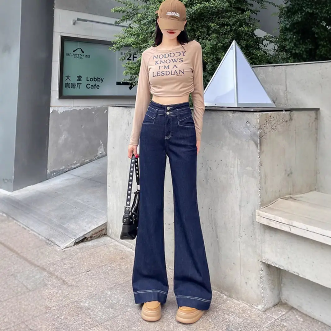 Dark Blue Stretch Wide Leg Jeans for Women 2025