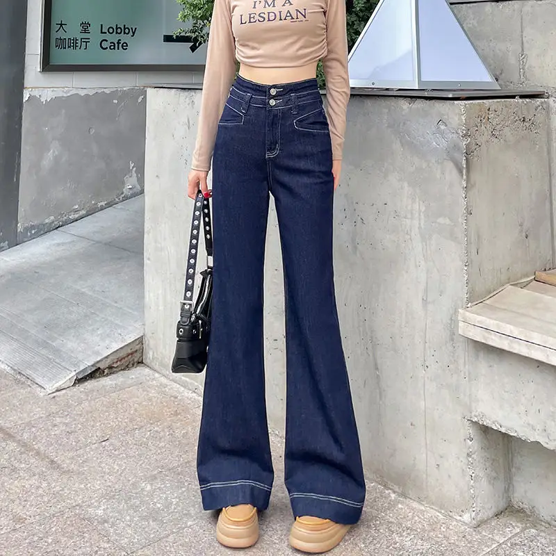 Dark Blue Stretch Wide Leg Jeans for Women 2025