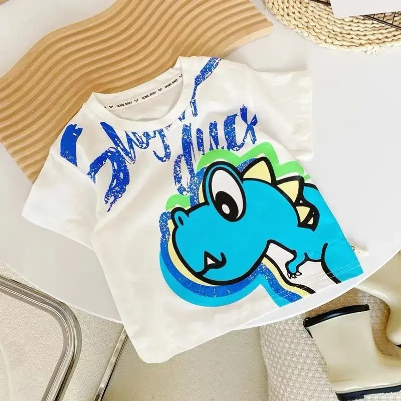 Kids Blue Wing T-Shirt White Short Sleeve Korean Style - Image 3