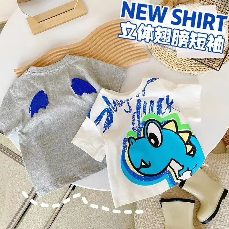 Kids Blue Wing T-Shirt White Short Sleeve Korean Style — feature 2