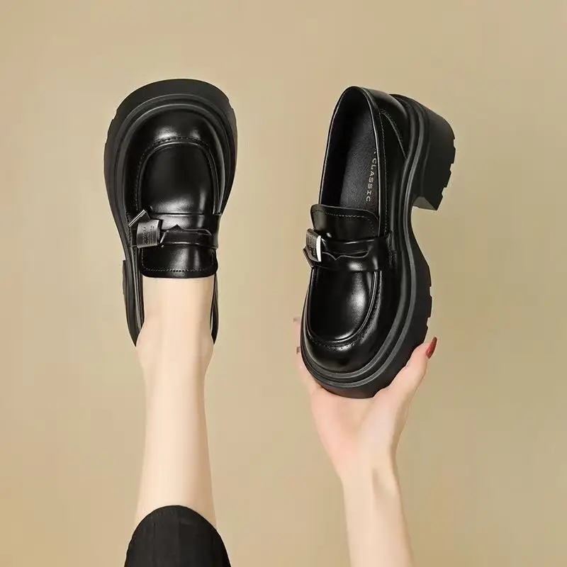 Black Thick Heeled Slip-on Loafers Women's 2025 Spring