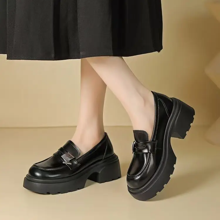 Black Thick Heeled Slip-on Loafers Women's 2025 Spring