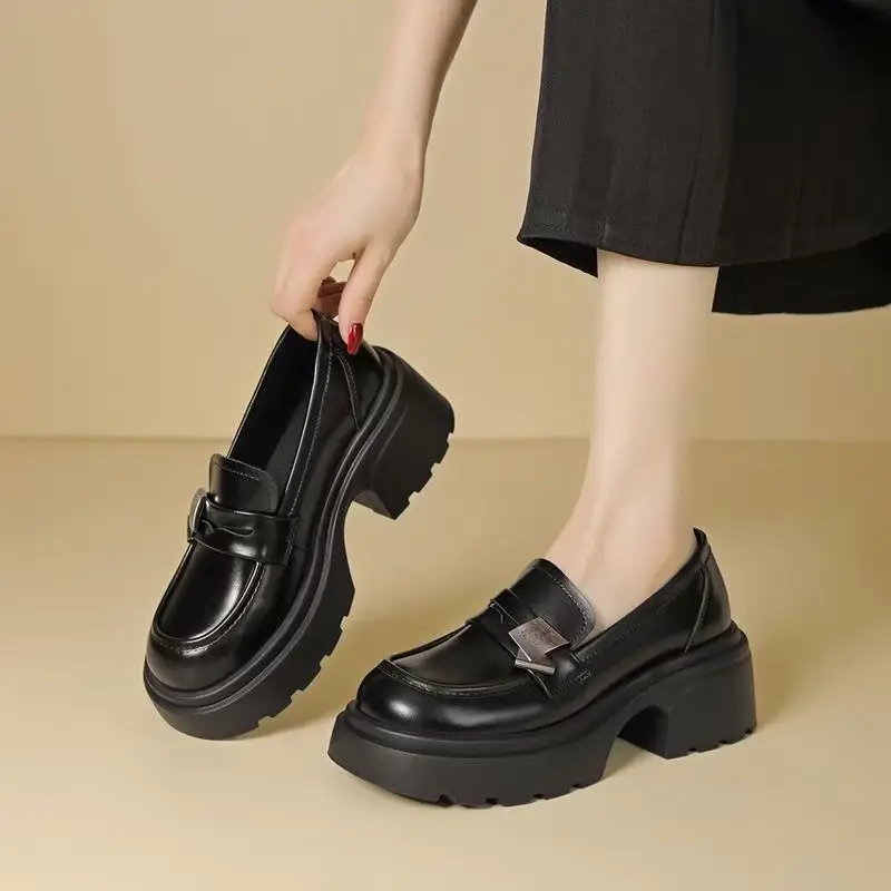 Black Thick Heeled Slip-on Loafers Women's 2025 Spring
