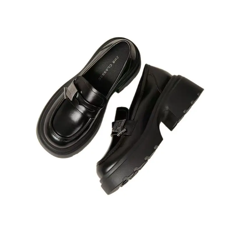 Black Thick Heeled Slip-on Loafers Women's 2025 Spring
