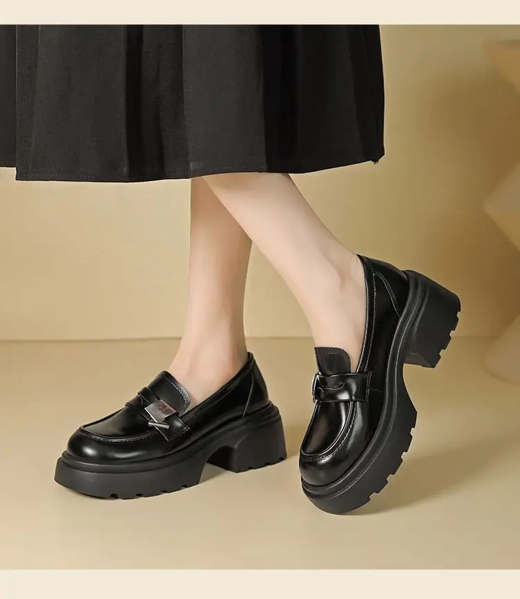 Black Thick Heeled Slip-on Loafers Women's 2025 Spring — feature 10
