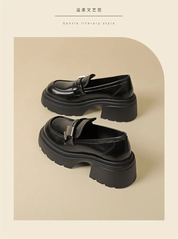 Black Thick Heeled Slip-on Loafers Women's 2025 Spring — feature 12