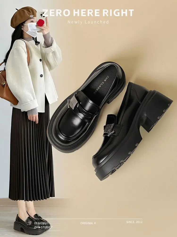 Black Thick Heeled Slip-on Loafers Women's 2025 Spring — feature 13