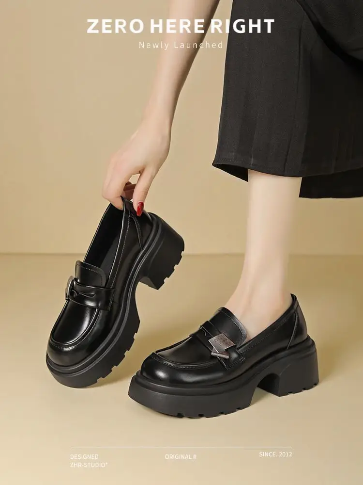 Black Thick Heeled Slip-on Loafers Women's 2025 Spring — feature 14