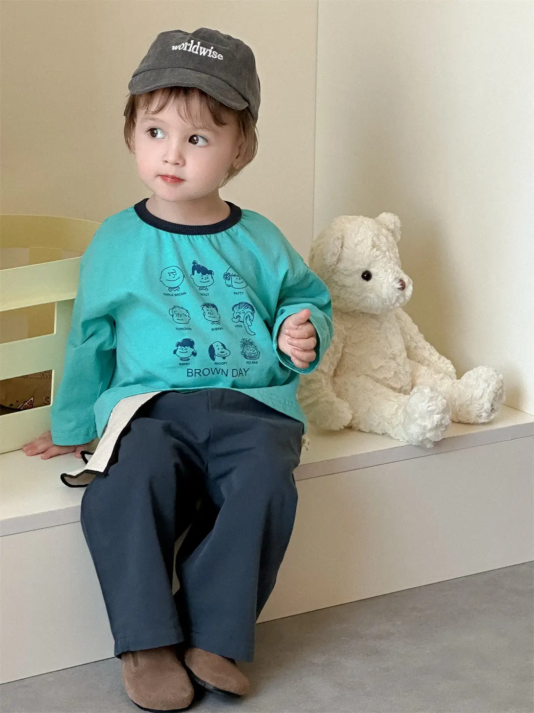 Kids Korean Style Long Sleeve T-Shirt Set Blue Gray - Image 4