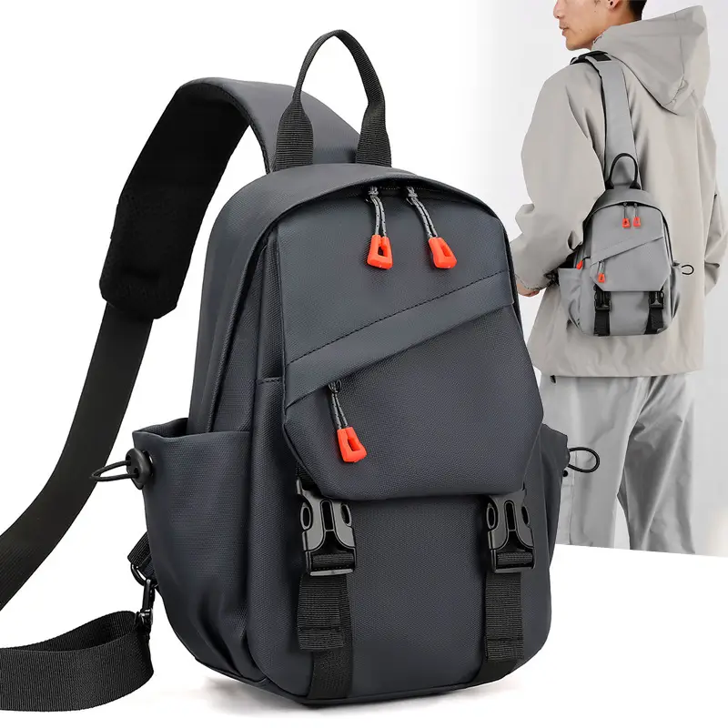 Men's Grey Crossbody Backpack with Red Zippers