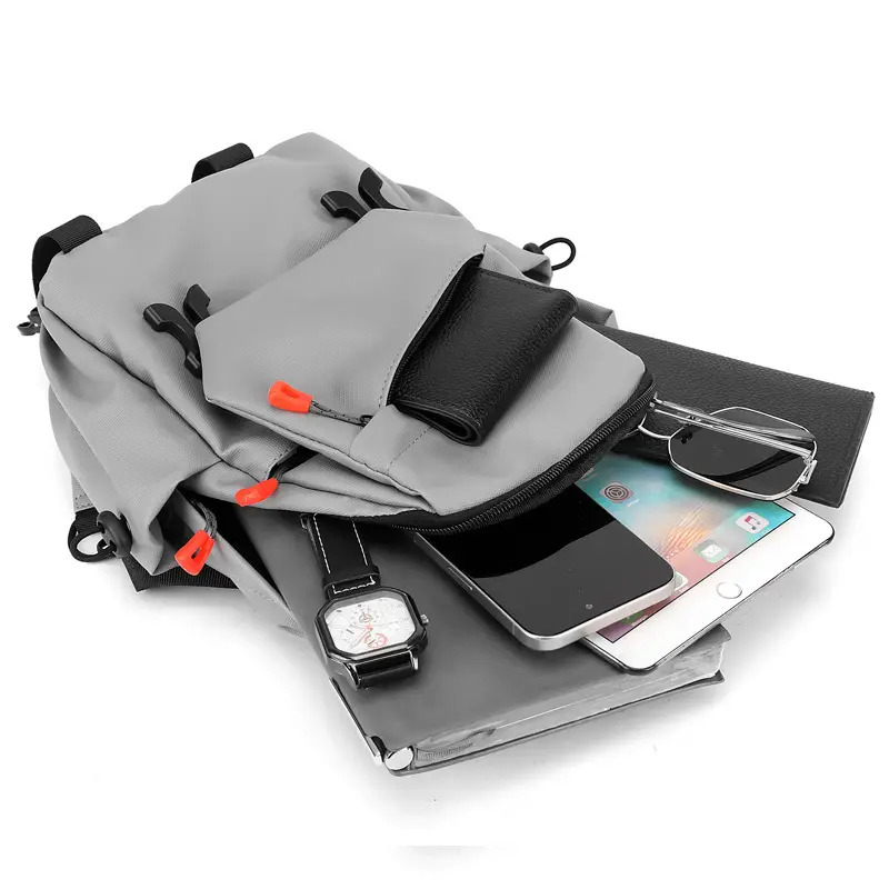 Men's Grey Crossbody Backpack with Red Zippers
