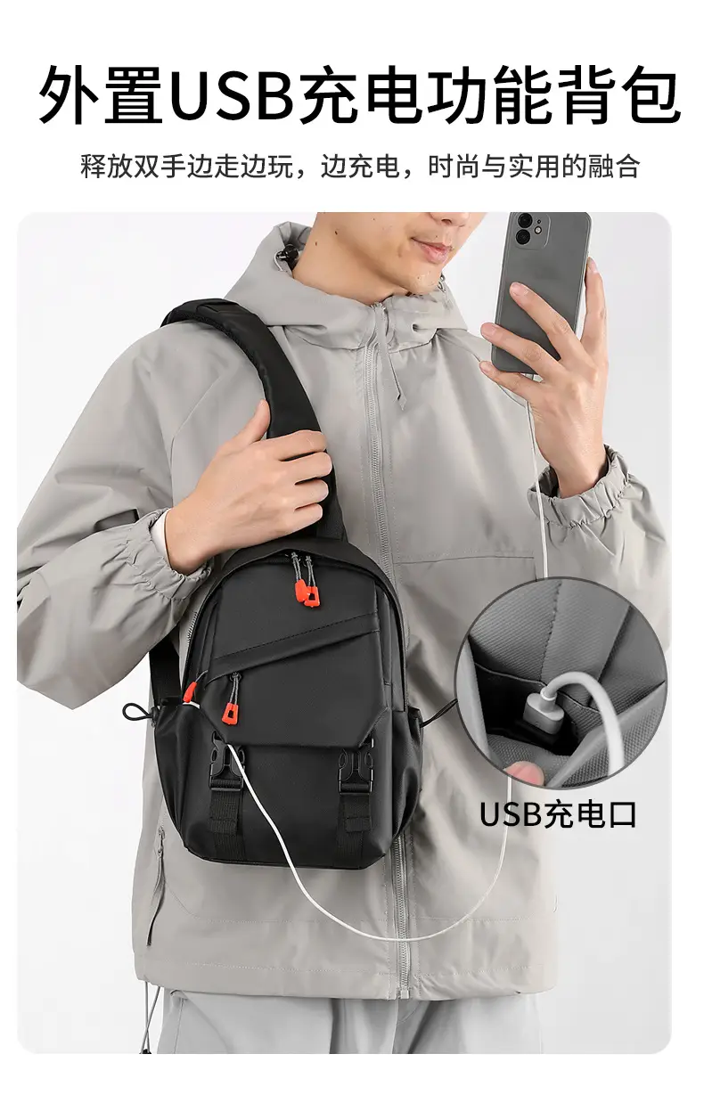Men's Grey Crossbody Backpack with Red Zippers — feature 14