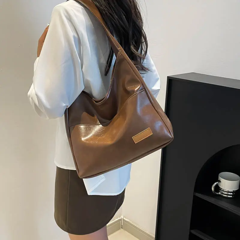 Korean Style Oilskin Tote Bag Brown Large Capacity - Image 7