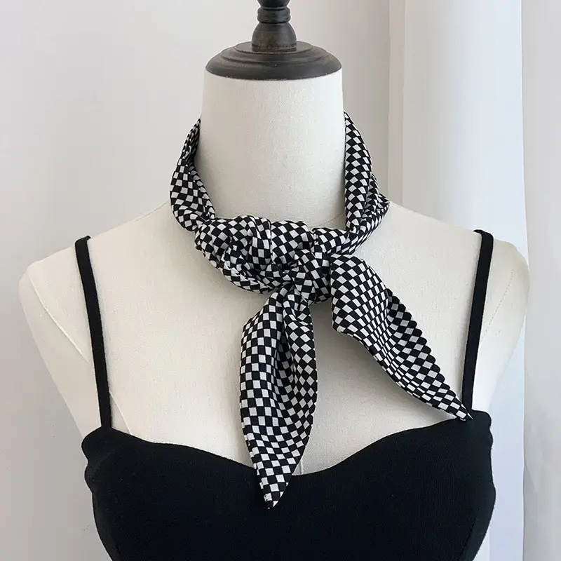 Black Checkered Bow Silk Scarf for Women