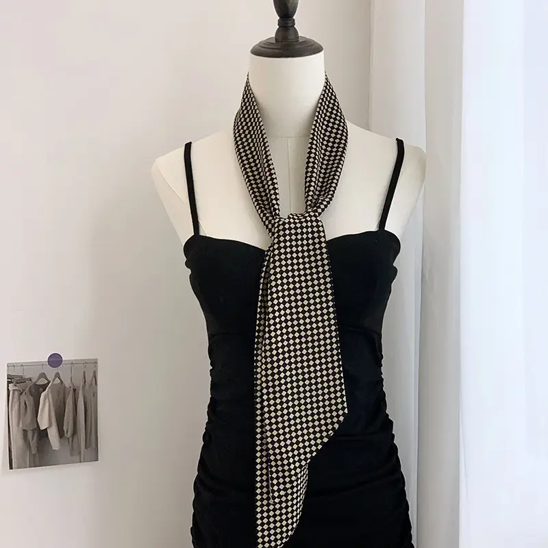 Black Checkered Bow Silk Scarf for Women