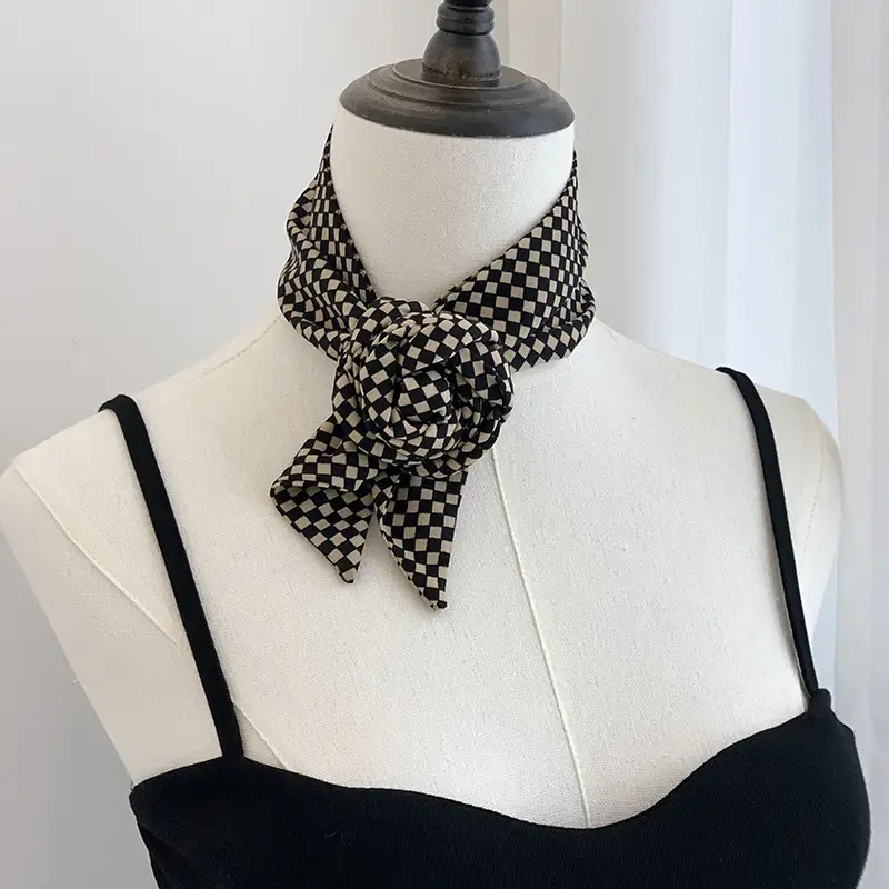 Black Checkered Bow Silk Scarf for Women