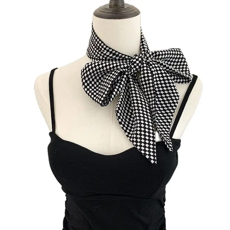 Black Checkered Bow Silk Scarf for Women