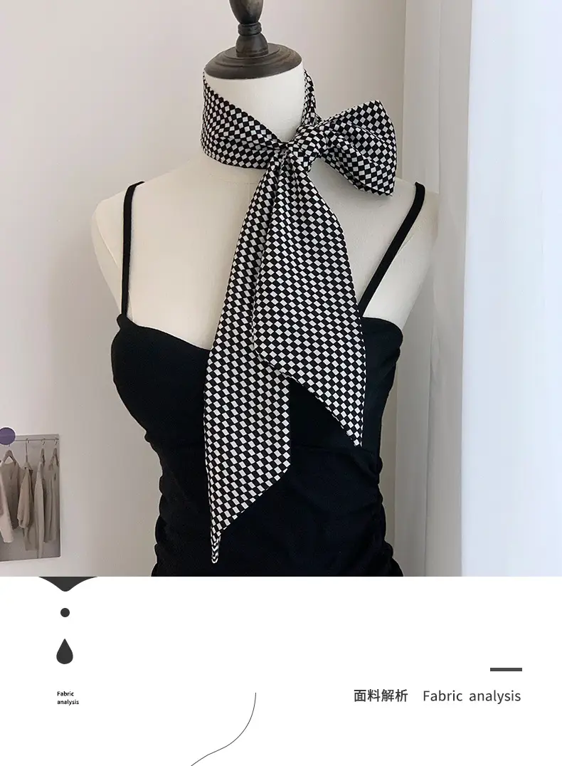 Black Checkered Bow Silk Scarf for Women — feature 1