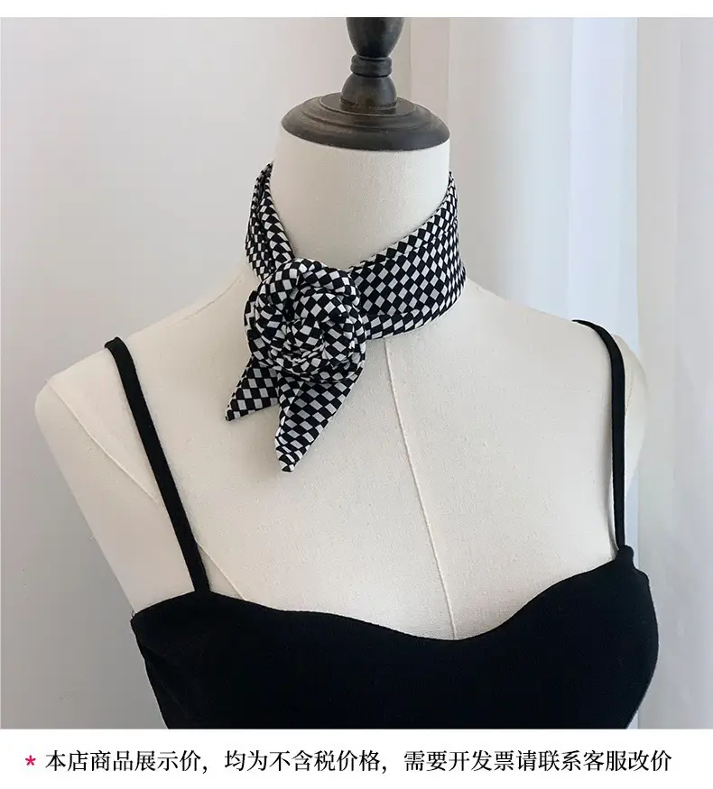 Black Checkered Bow Silk Scarf for Women — feature 10