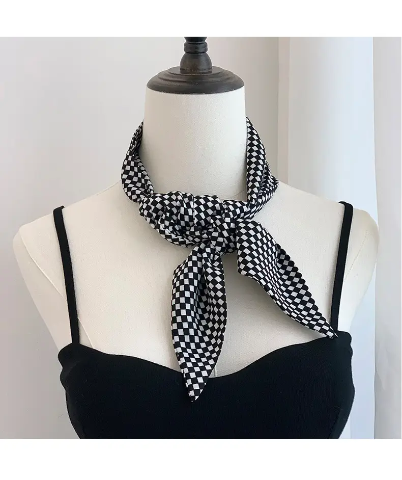 Black Checkered Bow Silk Scarf for Women — feature 4