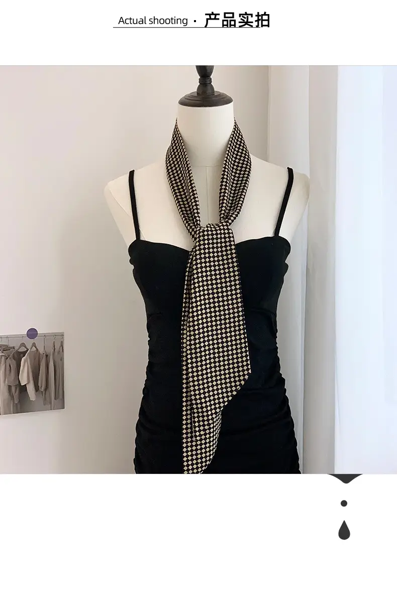 Black Checkered Bow Silk Scarf for Women — feature 5