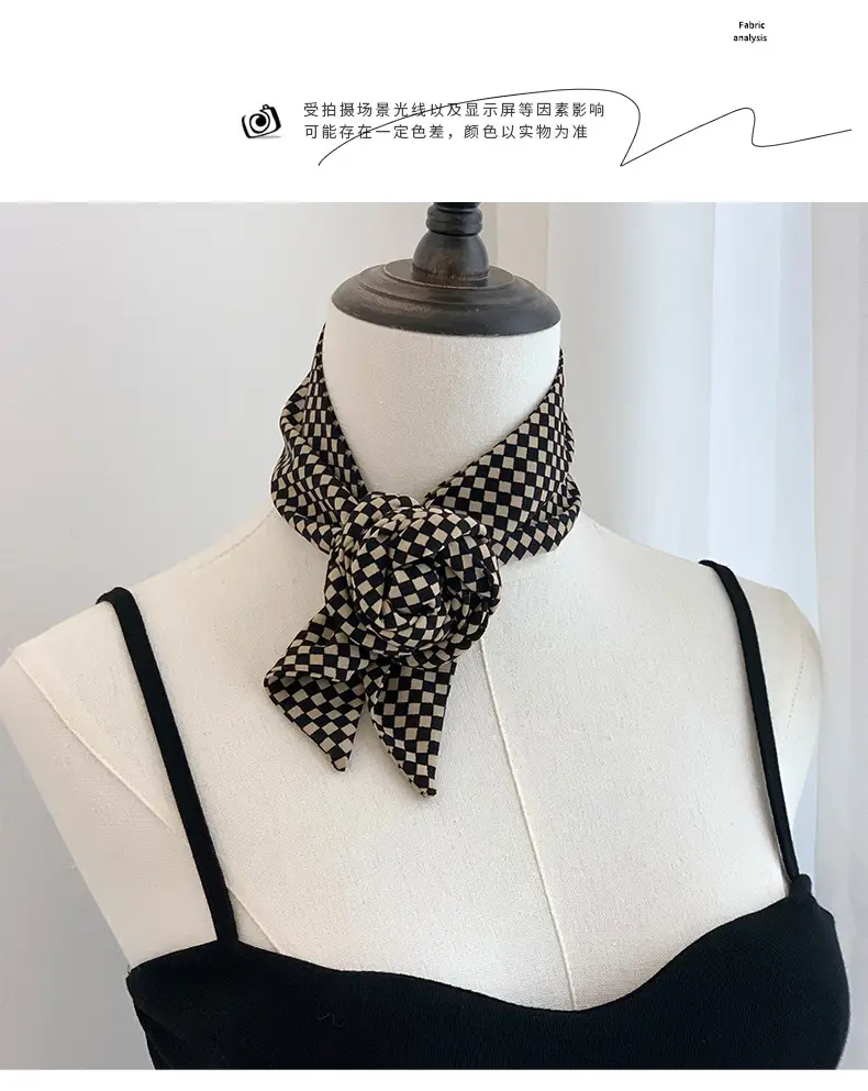 Black Checkered Bow Silk Scarf for Women — feature 6