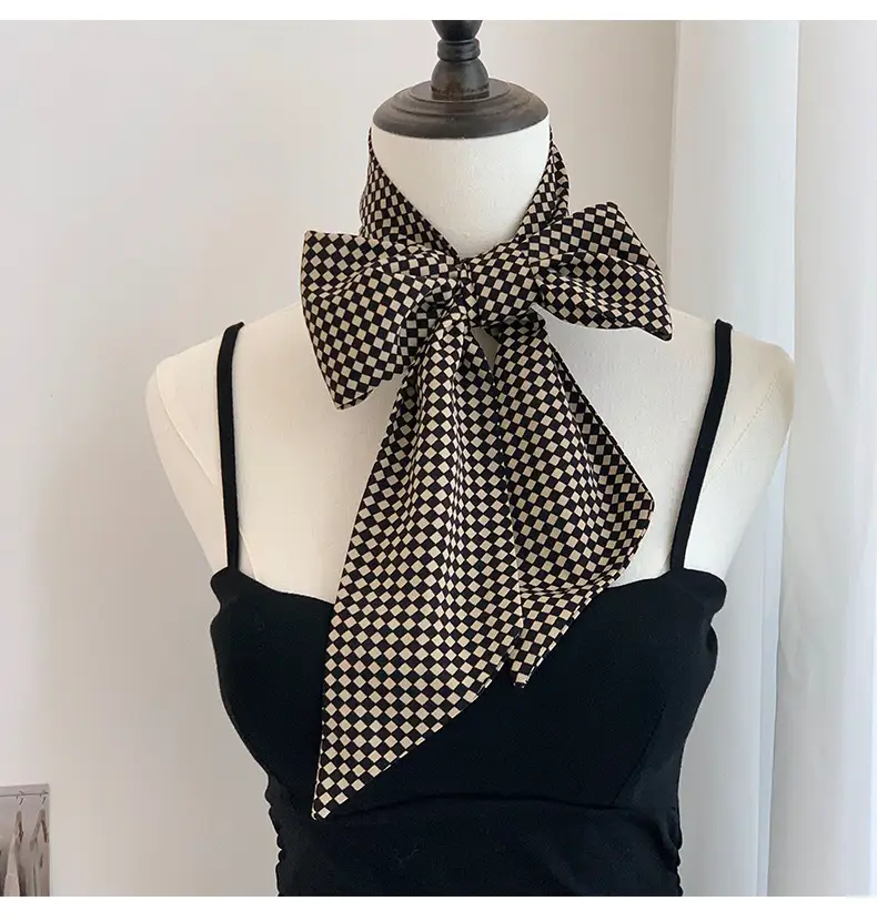 Black Checkered Bow Silk Scarf for Women — feature 7