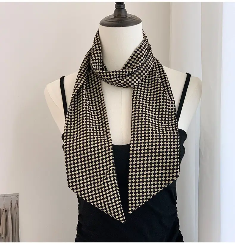 Black Checkered Bow Silk Scarf for Women — feature 8